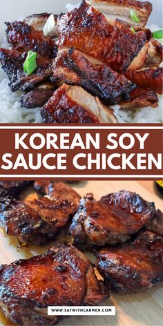 korean soy sauce chicken on top of rice