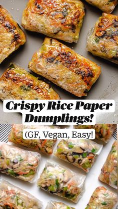 crispy rice paper dumplings with text overlay that reads crispy rice paper dumplings gf vegan, easy