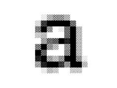 the letter e is made up of halftoned squares in black and white colors