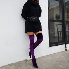 Zara Velvet Over-The-Knee High Heel Boots Sold Out In Stores From The Fall-Winter 2017-2018 Collection Stunning Aubergine Purple Elasticated Over-The Knee Velvet Boots With Pointed Toe And Stiletto Heel As Seen On Fashion Bloggers And Zara Lookbook Size Us:5 ; Eu:35 Velvet Boots Outfit, Zara Lookbook, Thigh High Boots Outfit, High Boots Outfit, Purple Boots, Zara Boots, Knee High Heels, Velvet Boots, High Heel Boots Knee