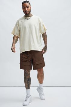 Available In Brown. Drawstring Elastic Waist Side Hand Pockets Back Pocket Utility Pockets 1 Zipper Pocket Shell: 100% Nylon Imported | Mens Safe Side Utility Nylon Shorts in Brown size Large by Fashion Nova Baggy Cargo Shorts, Nylon Shorts, Utility Pockets, Free Dresses, Personal Marketing, Brown Fashion, Jeans For Sale, Creative Fashion, Black Men