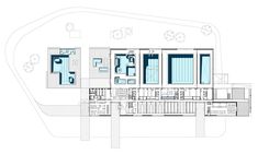 the floor plan for an office building with multiple floors and two levels, all in blue