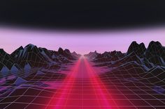 an image of a futuristic landscape with mountains in the background and red lines on the ground