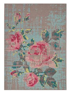 a cross stitch pattern with pink roses on blue and gray background, in the shape of a flower