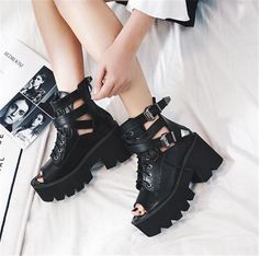 Peep Toe Black Lace Up High Heels Sandals on Luulla Crazy High Heels, Heels Boots Outfit, Sparkly High Heels, Open Toe Ankle Boots, Grunge Boots, Goth Shoes, High Boots Outfit, Punk Shoes, Cute Shoes Heels