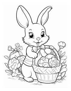 an easter bunny with a basket full of eggs and flowers in the grass coloring page