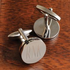 "These handsome and sophisticated cufflinks are great for weddings, groomsmen gifts and other formal events where you need to look sharp. These engraved, round silver-toned cufflinks include a thin inset stripe around the perimeter and a classic shank design. They will arrive in a padded blank gift box so they're ready to be gifted to the special guys in your life. - FREE SHIPPING on orders $35+ - FREE PERSONALIZATION - Measures 5/8\" (diameter) by 1\" in length. - Stainless steel construction. Groomsmen Pocket Watch, Groomsmen Cufflinks, Monogrammed Cufflinks, Groomsmen Gift Set, Engraved Cufflinks, Custom Cufflinks, Groomsmen Gifts Personalized, Personalized Cufflinks, Silver Monogram