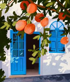 an orange tree with fruit hanging from it's branches in front of a blue door