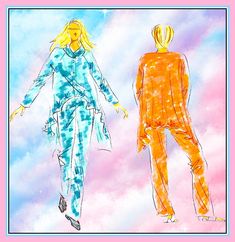 two people are walking in the sky with one person wearing an orange and blue outfit