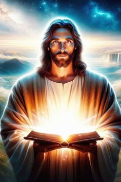 jesus holding an open book in his hands with the light coming from it's center