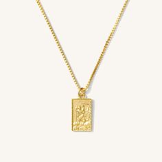 The Rectangle Traveler's Necklace is your next go-to necklace for every day. Featuring St. Christopher, the patron saint of voyagers, this necklace is perfect for your local adventures with friends and your special getaways! It’s sure to make you feel beautiful no matter what’s on your itinerary. DETAILS 14k gold filled -or- sterling silver chain, findings, & charm 14k gold vermeil -or- sterling silver 13mm x 8mm charm Necklace length: 16" + 2" extender Safe for sensitive skin & shower safe Rectangle Gold Necklace, Necklace With Rectangle Pendant, Rectangle Pendant Necklace, Gold Rectangle Necklace Pendants, Gold Rectangle Necklace, Gold Rectangular Necklace, Dainty Necklace With Rectangular Pendant, Dainty Gold Plated Necklace With Rectangular Pendant, Gold Engraved Rectangular Charm Necklace