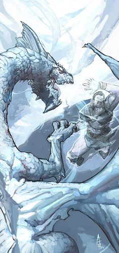 an illustration of a dragon attacking a man in the snow with his arm extended out