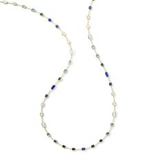 Defined by square and elongated rectangular stations, this lengthy necklace is a brilliant expression of a colorway inspired by the sea. It’s handcrafted in 18K gold and shines with ice quartz, mother-of-pearl, larimar, light iolite, London blue topaz, blue topaz, Swiss blue topaz and lapis lazuli. Wear it solo or layered with other strands. • 18K Gold• Gemstones: Ice Quartz, Mother-of-Pearl, Larimar, Light Iolite, London Blue Topaz, Blue Topaz, Swiss Blue Topaz, Lapis Lazuli•Length: 34.5" • Exc Hinged Ring, Blue Topaz Jewelry, 18k Gold Necklace, Crystal Figurines, Teardrop Necklace, Swiss Blue Topaz, London Blue Topaz, Rock Crystal, London Blue