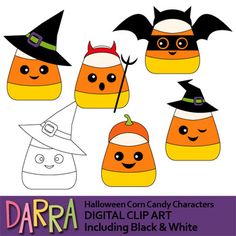 halloween candy characters clip art includes black and white pumpkins, witch's hats, and bats