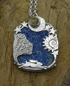 Hare Pendant with Lapis Lazuli and golden rutile quartz £220.00 Layered Silver Jewelry, Metal Clay Pendant, Modernist Silver Jewelry, Bracelet Lock, Tree Moon, Pmc Jewelry, Silversmithing Jewelry, Silver Smithing, Metal Jewelry Making