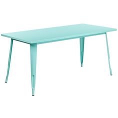 a blue table with metal legs on a white background