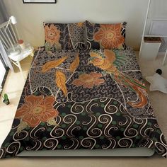 an image of a bed set with flowers on the comforter and pillowcases