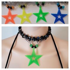 These kandi necklaces are made with black pony beads and uv star charms. These will glow under blacklight! One size fits all.  This Item can be adjusted up to 17 inches. This Item is premade and is ready to be shipped! Perfect for any event! You will get lots of compliments in this unique wearable art! Stand out at your next event! Edm festival  Raves Party  Rave outfit  Festival outfit Pride Party favor Birthday gift Stocking stuffer Christmas gift Punk Star-shaped Necklace For Parties, Star-shaped Beaded Necklaces For Festivals, Adjustable Multicolor Rave Choker, Adjustable Black Rave Choker, Adjustable Rave Style Choker, Adjustable Black Rave Style Choker, Rave Multicolor Choker For Festivals, Black Glow In The Dark Jewelry For Parties, Black Glow In The Dark Party Jewelry