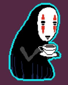 a pixel art image of a person with a mask holding a coffee cup in their hand