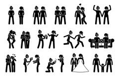 various black and white silhouettes of people in different poses, with one holding the other's hand