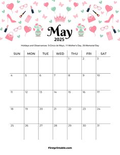 the may calendar is shown with hearts and shoes on it, as well as other items