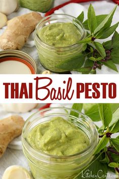 two jars filled with pesto next to garlic, ginger and parsley on a table