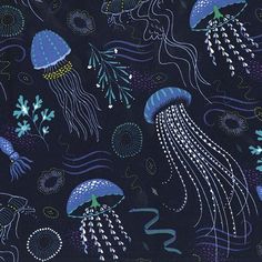 an image of jellyfishs in the ocean with blue and purple colors on it