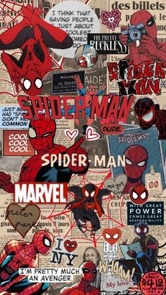 spiderman collage with many different stickers on it