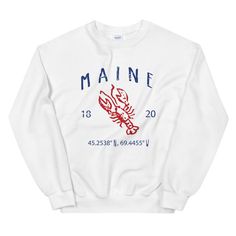 A sturdy and warm sweatshirt bound to keep you warm in the colder months. The Maine Vintage Style Crewneck Sweatshirt is a pre-shrunk, classic fit sweater that's made with air-jet spun yarn for a soft feel and reduced pilling. * 50% cotton, 50% polyester * Pre-shrunk * Classic fit * 1x1 athletic rib knit collar with spandex * Air-jet spun yarn with a soft feel and reduced pilling * Double-needle stitched collar, shoulders, armholes, cuffs, and hem Gift messaging is printed on packing slip. Basic Crew Neck Top For College, Comfortable Crew Neck Sweatshirt With Screen Print, Comfortable Crew Tops With Letter Print, Casual Pre-shrunk Crew Sweatshirt, Comfortable-fit Letter Print Crew Tops, Casual Crew Neck Top With Screen Print, Relaxed Fit Screen Print Tops For College, Crew Neck Screen Print Tops For College, White Relaxed Fit Sweater With Screen Print