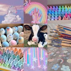 a collage of photos with pastel crayons, art supplies and a cow laying on the ground