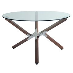 a glass table with wooden legs and a metal base