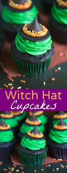 witch hat cupcakes with green frosting and sprinkles