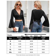 Elevate your style with the KOJOOIN Women's V-Neck Long Bell Sleeve Top, a perfect blend of elegance and comfort. This wrap blouse is designed to enhance your wardrobe with its chic tie-front and crop top silhouette, making it an ideal choice for various occasions.

- **Color:** Night
- **Size:** M (fits 8-10)
- **Material:** 100% Polyester
- **Gender:** Female
- **Sleeve Type:** Long Bell Sleeves
- **Neckline:** V-Neck

Crafted from soft and smooth polyester, this top ensures all-day comfort wi Chic Solid Color Tops For Night Out, Solid Color V-neck Party Tops, Non-stretch Tops For Night Out In Fall, Fall Party Blouse In Solid Color, Solid Tops For Spring Date Night, Chic Non-stretch Party Top, Long Sleeve Tops For Summer Date Night, Long Sleeve Tops For Date Night In Summer, Non-stretch Solid Blouse For Night Out