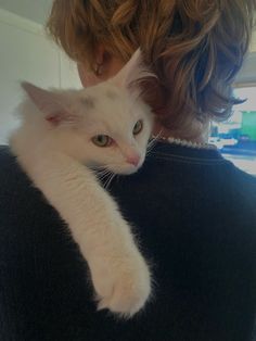 a woman holding a white cat in her arms