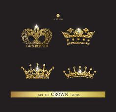 four golden crowns with sparkles on them and the words set of crown icons in gold