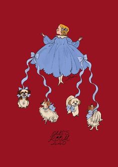 a drawing of a woman in blue dress surrounded by small dogs on a red background