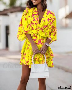 Color: yellow, Size: M Yellow Floral Print Mini Dress For Spring, Spring Yellow Floral Print Mini Dress, Yellow Mini Dress For Spring Vacation, Trendy Yellow V-neck Mini Dress, Yellow Printed Long Sleeve Dress, Casual Yellow Spring Dresses, Chic Yellow Spring Dress, Trendy Yellow Dress For Spring, Trendy Yellow Mini Dress For Vacation