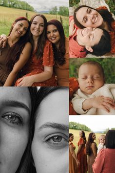 two women and one baby are smiling for the camera while another woman is holding her