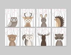 four different pictures of animals on white and gray wallpapers with trees in the background