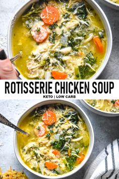 three bowls of rotissee chicken soup with carrots and spinach