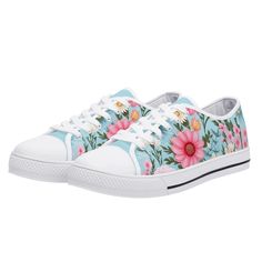 Welcome to our Store! Your business is always appreciated! ♥ Step into the feel of spring with these exquisite low top canvas sneakers, adorned with a beautiful blue and pink floral pattern. Perfect for the classy lady who values both style and comfort, these sneakers are a must-have for spring fashion. The soft floral design adds a touch of elegance, making them ideal for garden parties, brunches, or casual strolls. With their comfortable fit and durable canvas material, these sneakers offer both fashion and function. Whether you're dressing up for a special occasion or adding a chic touch to your everyday outfit, these floral sneakers will keep you looking stylish and feeling great. Embrace the season with these perfect spring sneakers that combine timeless beauty with modern comfort.♥ ♥ Floral Sneakers, Spring Sneakers, Pink Floral Pattern, Print Sneakers, Soft Floral, Painted Shoes, Classy Women, Canvas Shoes, Womens Sneakers