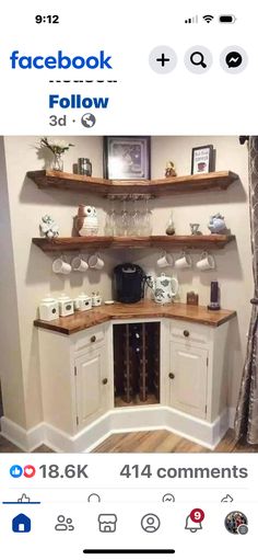 the facebook page is showing an image of a kitchen with white cabinets and open shelves