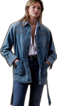 Denim Outerwear With Belt Loops For Work, Belted Denim Jacket For Workwear, Fall Denim Jacket With Belt Loops, Casual Denim Outerwear With Belt Loops, Fall Denim Jacket With Belted Cuffs, Long Sleeve Denim Jacket With Belted Cuffs, Denim Jacket With Belted Cuffs, Utility Style Belted Denim Outerwear, Utility Style Denim Belted Outerwear