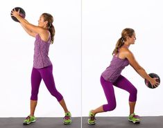 a woman holding a medicine ball in one hand and another with a medicine ball in the other