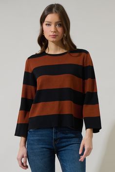 The autumn vibes begin with the Gary Striped Long Sleeve Sweater. Its sleek fit is maintained by long sleeves with a small dropped shoulder and a round neck. Wear it with leather pants or your favorite high-rise denim.- Striped- Long sleeve- Relaxed fit- Sweater- Color: Black BrownSize + Fit - Model is 5'9" and wearing size XS- Measurements taken from size S - Chest: 21 1/4"- Length: 22 1/2" Fabric Self: 81% Viscose 19% Nylon Style Number STT17516 Camisole Bra, Bra Dress, Autumn Vibes, Body Dress, Curve Dresses, Skirt Leggings, Fitted Sweater, Active Wear Tops, Sweater Weather