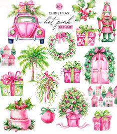 watercolor christmas clipart set with presents, gifts and palm trees on white background