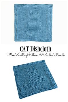 two knitted dishcloths with the words cat dishcloth