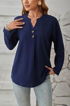 Features: Decorative button Sheer: Opaque Stretch: No stretch Material composition: 100% polyester Care instructions: Machine wash cold. Tumble dry low. Imported Product measurements:S:Top Length 26.77 in, Sleeve Length 22.05 in, Bust 37.80 inM:Top Length 27.56 in, Sleeve Length 22.44 in, Bust 39.76 inL:Top Length 28.35 in, Sleeve Length 22.83 in, Bust 41.73 inXL:Top Length 29.13 in, Sleeve Length 23.23 in, Bust 44.88 in Elegant Blouses For Women Classy, Blouses For Women Classy, Comfortable Blouses, Elegant Blouses, Solid Tops, Long Sweaters, Dress With Boots, Jeans Dress, Short Tops