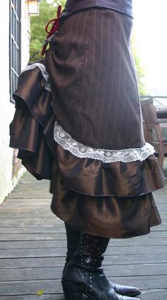 Brown Pinstripe and Lace Bustle Skirt The Gilded Age, Pirate Jacket, Bustle Skirt, Blue Tapestry, Brown Pinstripe, Frock Coat, Womens Skirts, Gilded Age, Steampunk Clothing