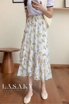 Lasaky - Elegant Floral Chiffon A-Line Maxi Dress with a Flattering Silhouette White Chiffon Midi Dress For Spring, Spring Chiffon Dress With Ruffles And Flowy Skirt, White Midi-length Chiffon Dress For Garden Party, Casual Chiffon Floral Dress For Spring, Spring Chiffon Brunch Dress, Summer Chiffon Dress With Ruffles And Flowy Skirt, Flowy Casual Chiffon Maxi Dress, Flowy Chiffon Casual Maxi Dress, Casual Floral Print Maxi Chiffon Dress